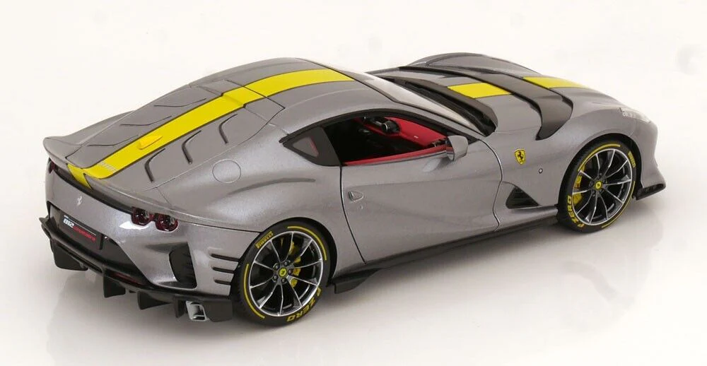 Bburago 2021 Ferrari 812 Competizione Grigio Coburn (Grey Metallic) w/ Yellow Stripe 1:18 - Image 2