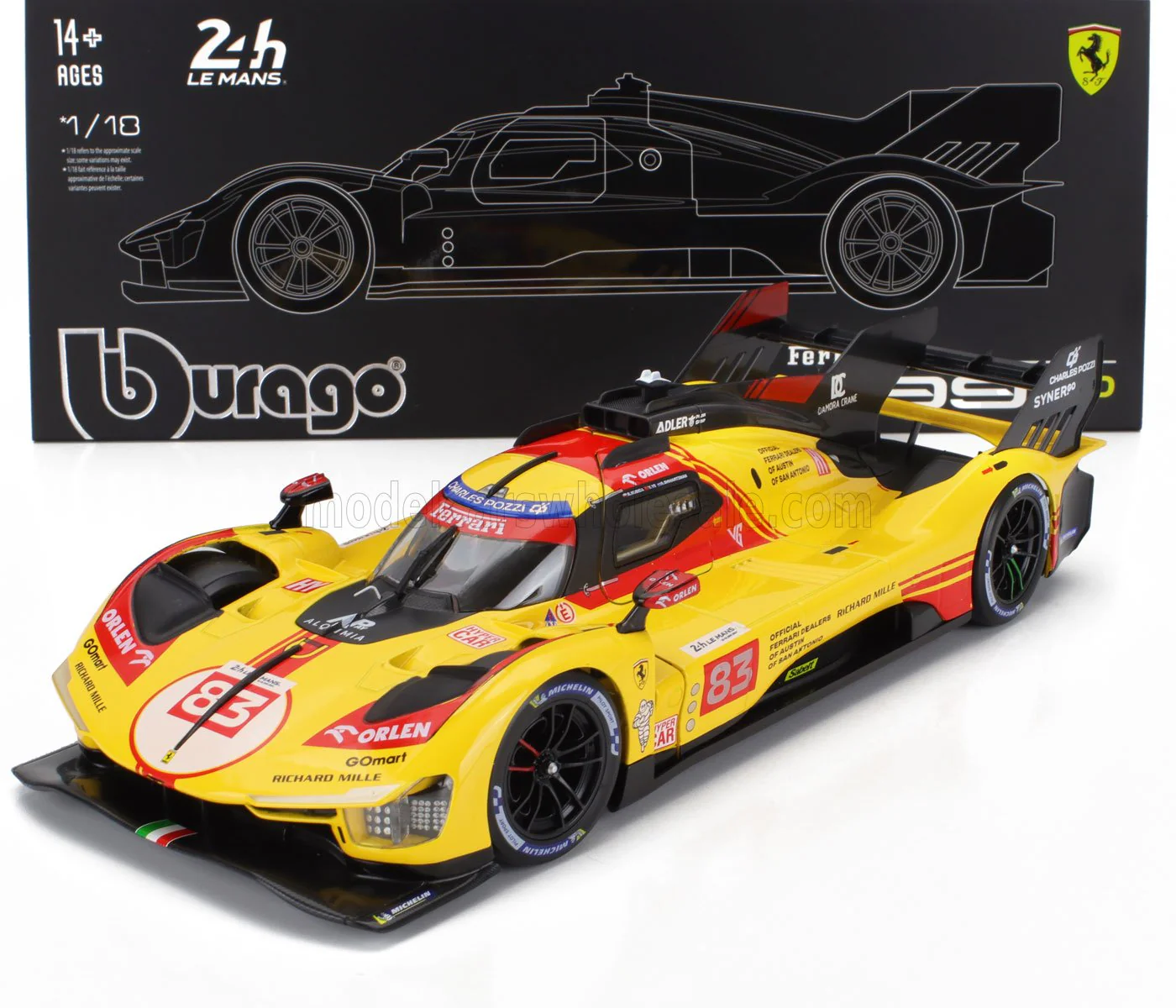 Bburago Ferrari 499P 3.0L Turbo V6 No 83 Team Ferrari AF Corse 2024 24hr Le Mans - Yellow 1:18 WITH DISPLAY - Image 2