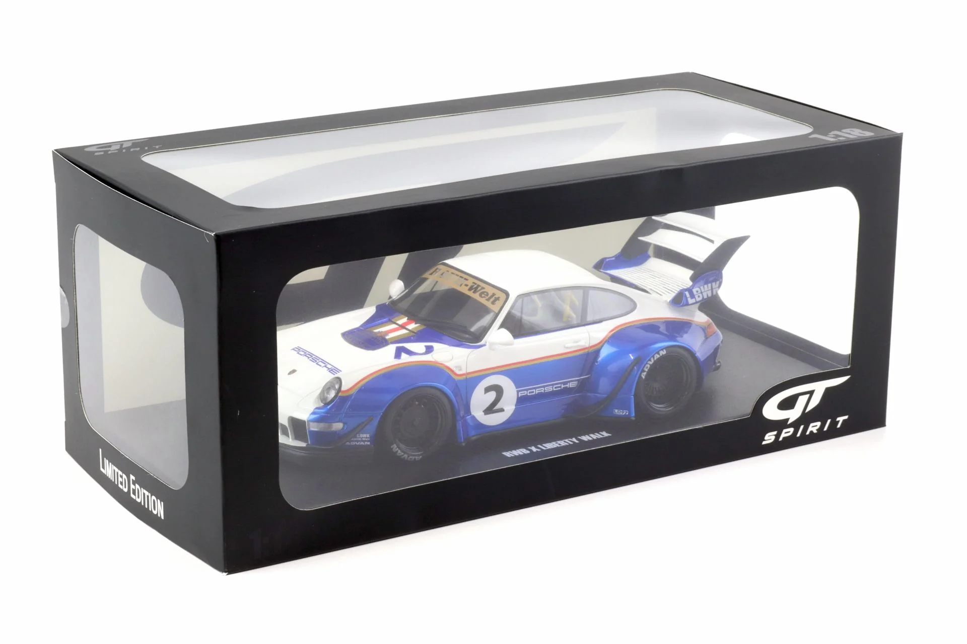 GT Spirit 2023 Porsche 911 993 RWB X No 2 Liberty Walk White and Blue 1:18 - Image 4