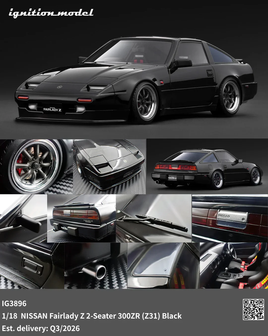 Ignition-Model Nissan Fairlady Z 300 ZR Z31 2-Seater RHD Black 1:18 - Image 3