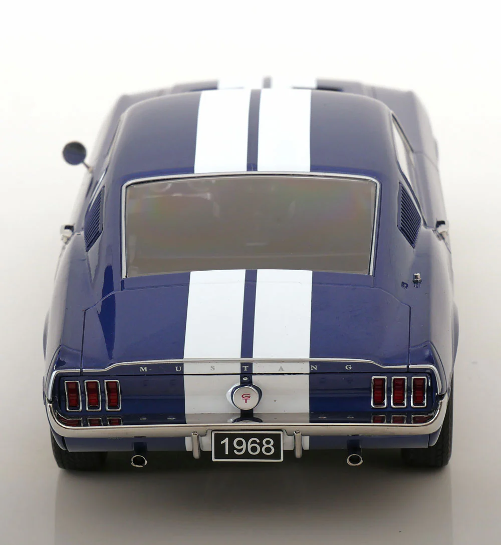 KK Scale 1968 Ford Mustang GT Fastback Blue w/ White Stripes 1:18 - Image 5