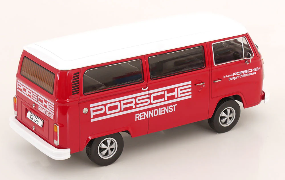 KK Scale 1972 Volkswagen T2b Minibus (Fuchs Wheels) Porsche Renndienst Red 1:18 - Image 2