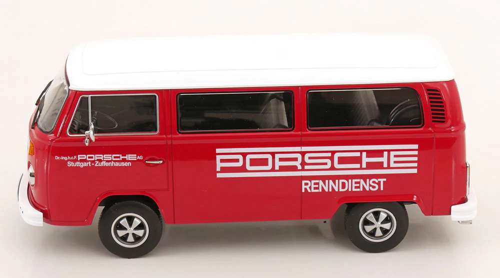 KK Scale 1972 Volkswagen T2b Minibus (Fuchs Wheels) Porsche Renndienst Red 1:18 - Image 3