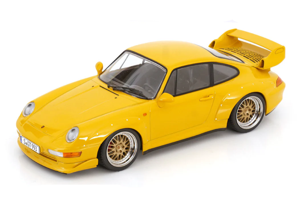 KK Scale 1996 Porsche 911 993 GT2 w/ Gold BBS Wheels Yellow 1:18