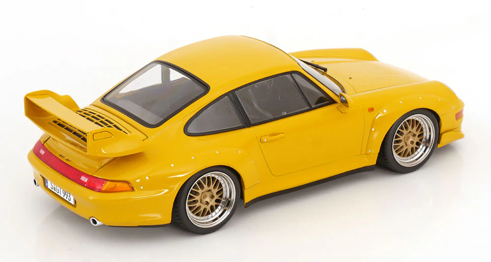 KK Scale 1996 Porsche 911 993 GT2 w/ Gold BBS Wheels Yellow 1:18 - Image 2