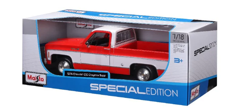 Maisto 1974 Chevrolet C-10 Pickup Truck Cheyenne Red and White 1:18 - Image 4